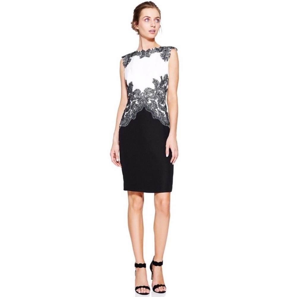 Tadashi Shoji Falcon Dress Sz Petite Medium Sleeveless Black White Lace Holiday‎